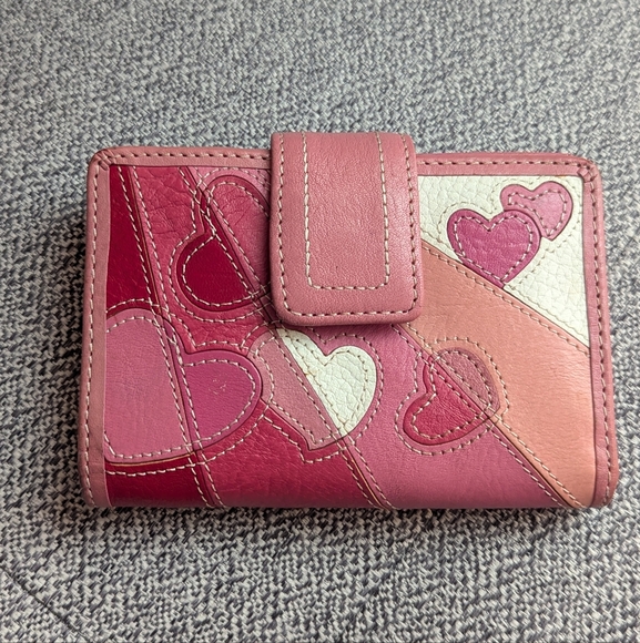Vintage Y2K Fossil Wallet Pink Heart Pattern Leather Girlie Women's Wallet - Picture 1 of 13